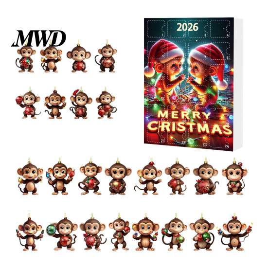 Christmas Tree Decoration Monkey Advent Calendar, 24 Days Countdown Calendar with 2D Acrylic Hanging Pendant Ornament, Funny Animal Xmas for