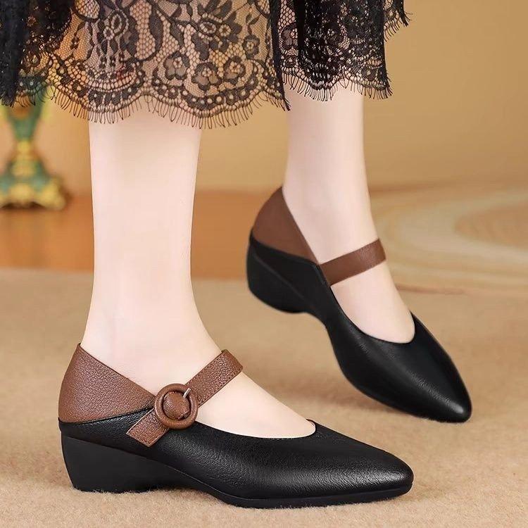 Soft leather wedge heel breathable low heel spring new single shoes thick heel pointed leather shoes