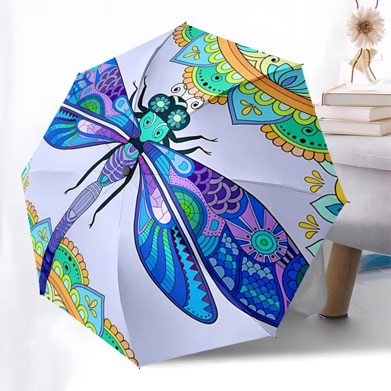 Colorful Dragonfly Mandala Automatic Opening Rain Umbrella with Foldable Design, Outdoor Festival Gift for Fans and Travelers1121217a