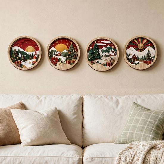 Multi Layered Wood Wall Sculpture Round Wooden Winter Mountain Art with 3D Snow Scenery for Holiday Handcrafted View Decor Home Decor, Rustic
