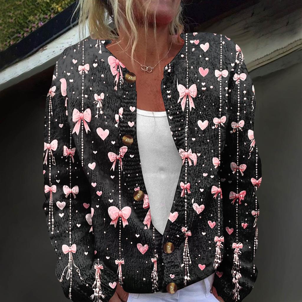 Women's Fashion Printed Long Sleeve Knitted Cardigan Button Down Jacket