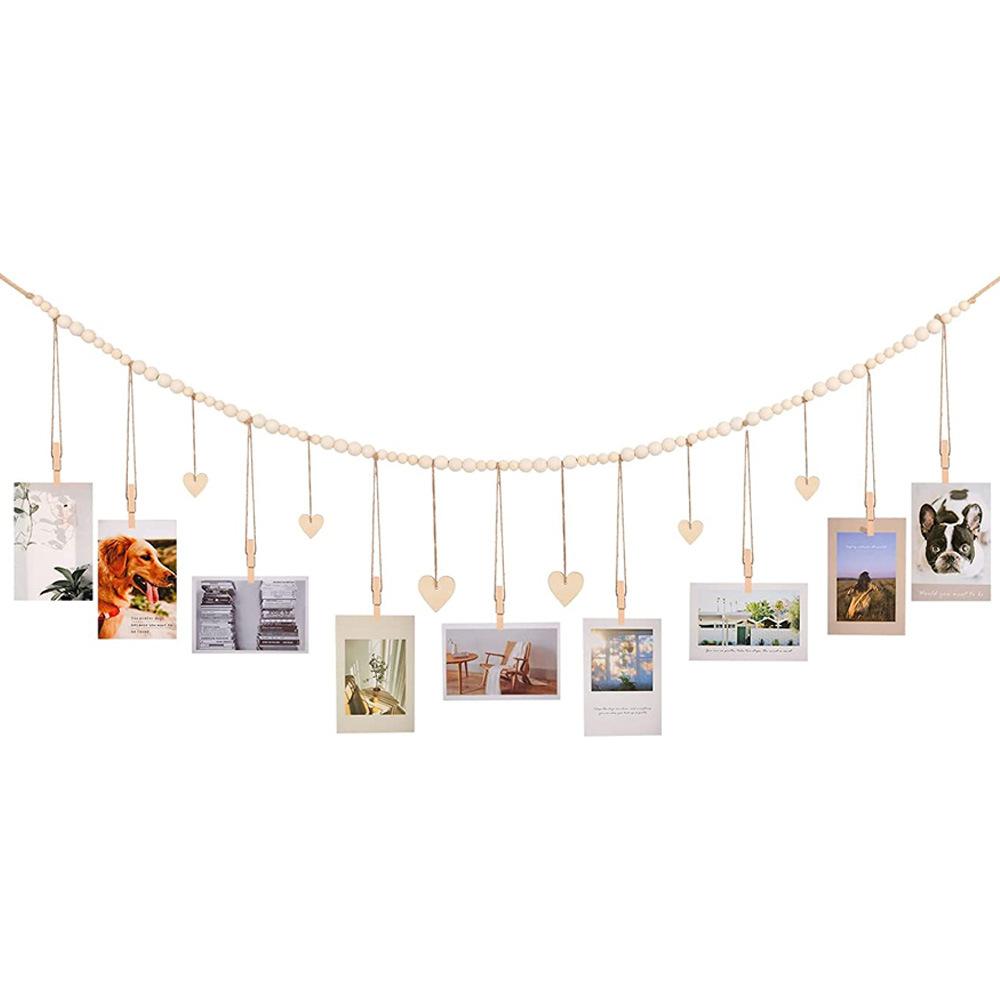Wooden Beads Photo Clips Holder Picture Display Hanging Rope Photo Organizer Clips String for Home Wall Decor