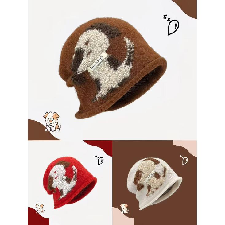 Cute puppy-themed knitted beanie with drawstring, a fashionable and versatile winter hat for women, perfect for keeping warm in autumn and winter