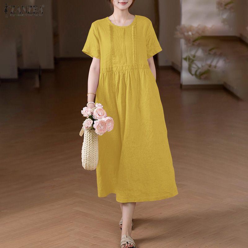 ZANZEA Damska luźna sukienka z krótkim rękawem i okrągłym dekoltem w jednolitym kolorze