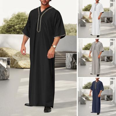 Men's Kaftan Robe Solid Color Mid-Sleeved Long Thobe V-Neck Abaya Prayer Clothing Ihram Robe for Summer Daily Wear