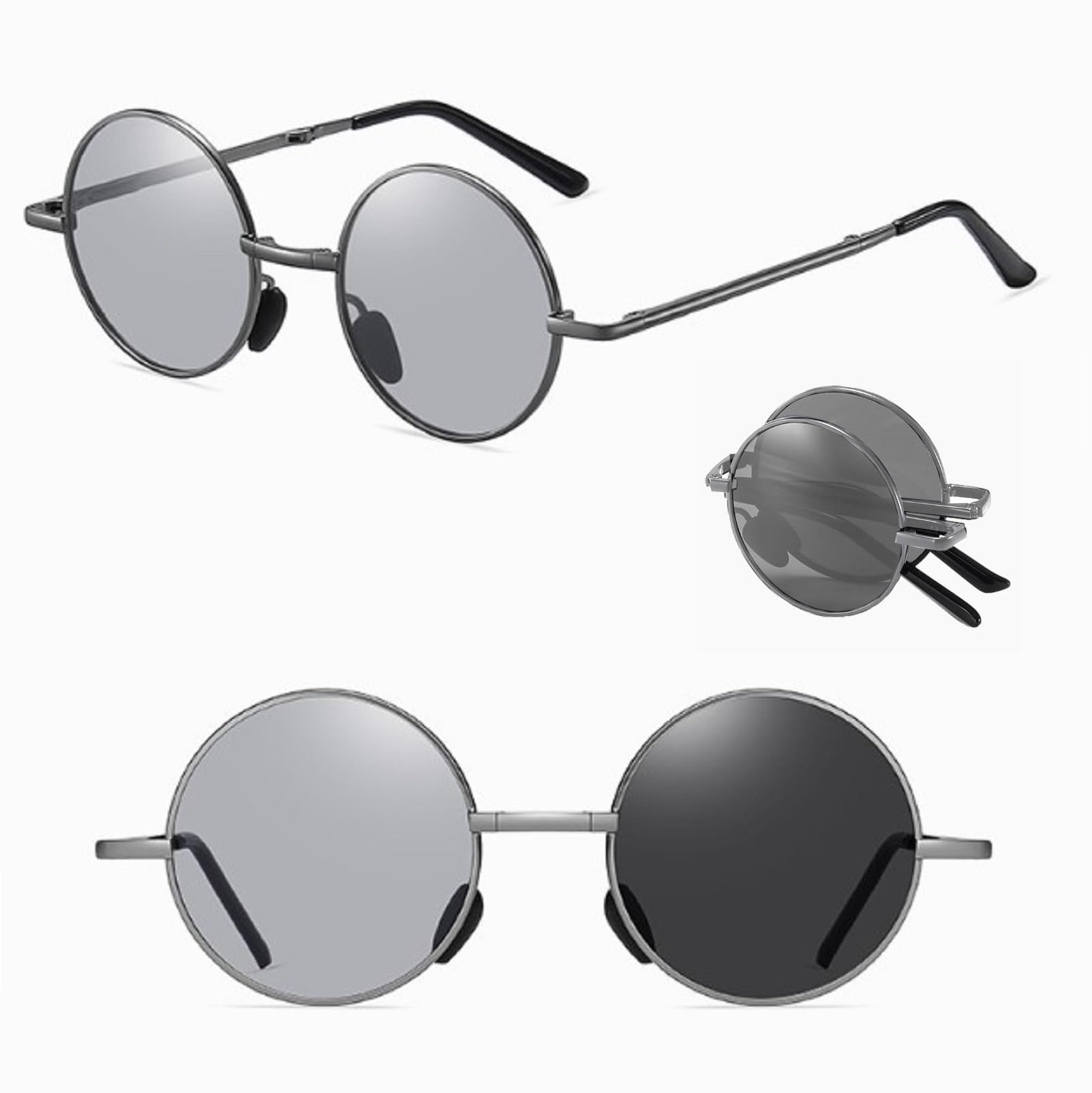 

Поляризованные фотохромные меняющие цвет складные солнцезащитные очки круглые очки защита от УФ-лучей классические круглые очки 2 [REONAS] + (Оружейный металлик)