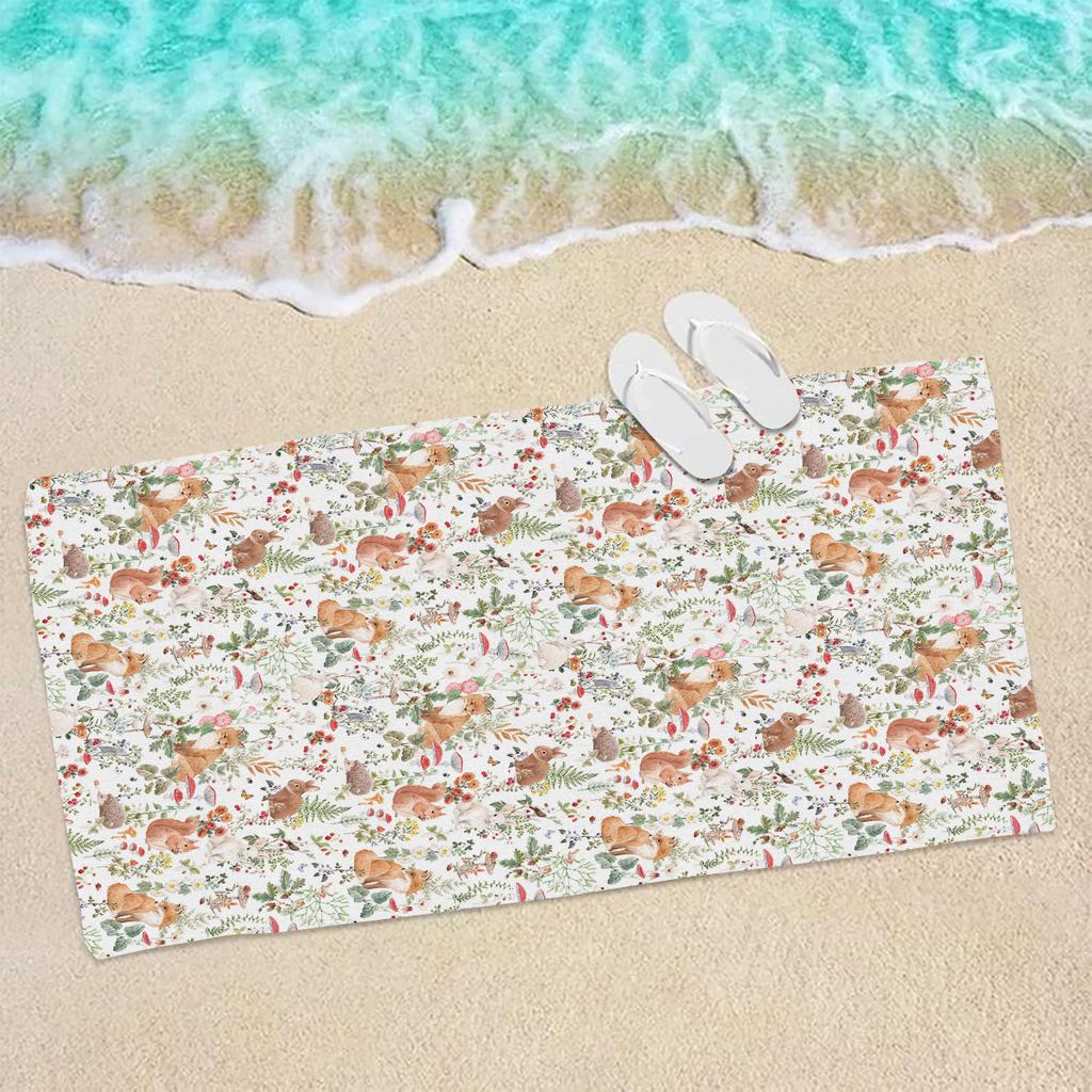 Large Quick-Dry Beach Towel Cartoon Flora and Fauna Pattern Beach Blanket Suitable for Travel Swimming Polyester Rectangular