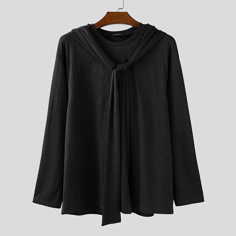 INCERUN Autumn Men Long Sleeve Hooded Texture Rib Shawl Casual Tops T-shirts