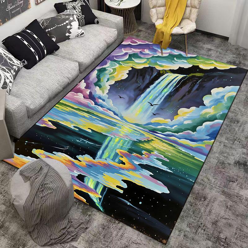 Colorful Waterfall Landscape Carpet with Starry Sky and Clouds Design Suitable for Use As an Anti-slip for Living Room Bedroom Sofas