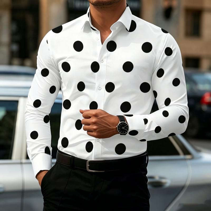 Camicia da Uomo a Pois Manica Lunga, Camicia Business Casual Slim Fit, Top da Uomo Tendenza Moda Casual da Esterno