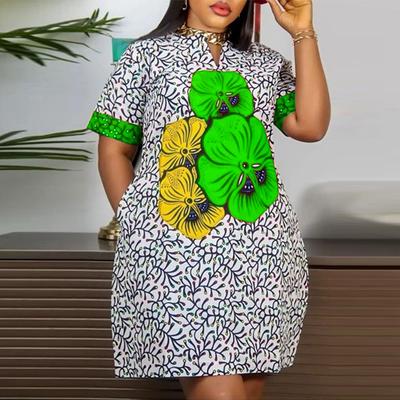 Damen Sommerkleid in Übergröße mit Rundhalsausschnitt und kurzen Ärmeln und Blumendruck