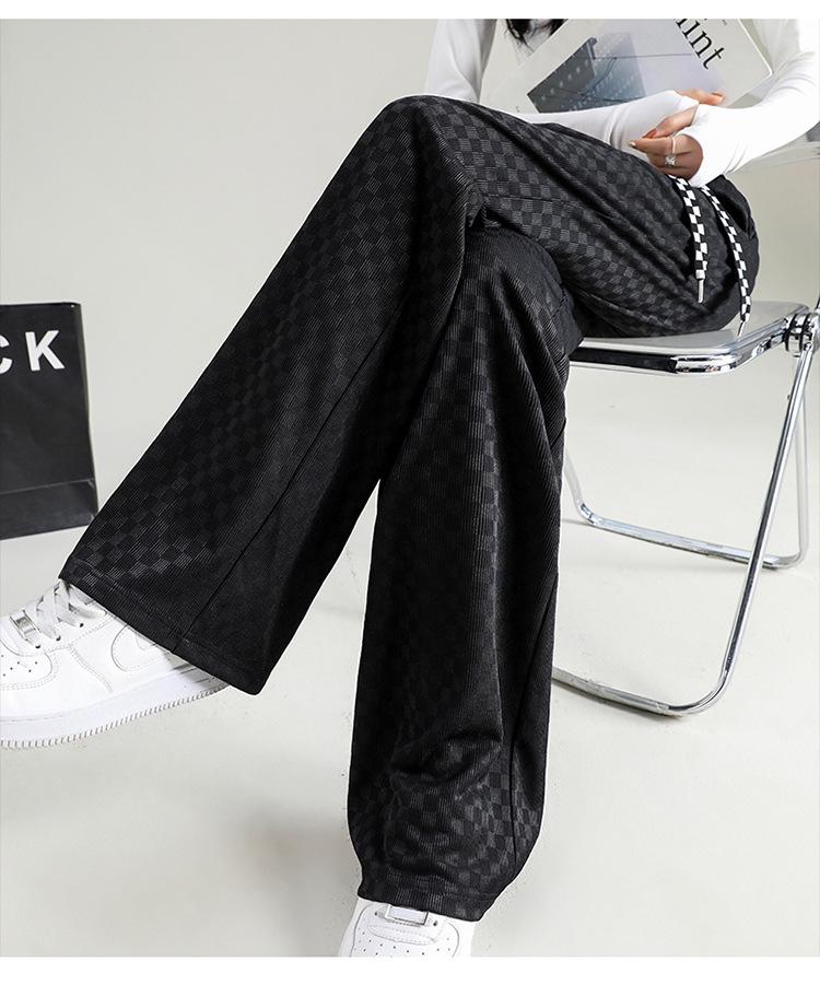 Checkered Ice Silk Wide-Leg Pants for Women, Summer 2025: High-Waist, Floor-Length, Casual Petite Straight-Leg Design