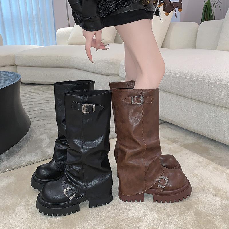 But Knee Boots Women's 2025 Thick-soled Heightening Western Boots Big Head Pant Tube Boots Stacked Knight Boots Tall Martin Boots