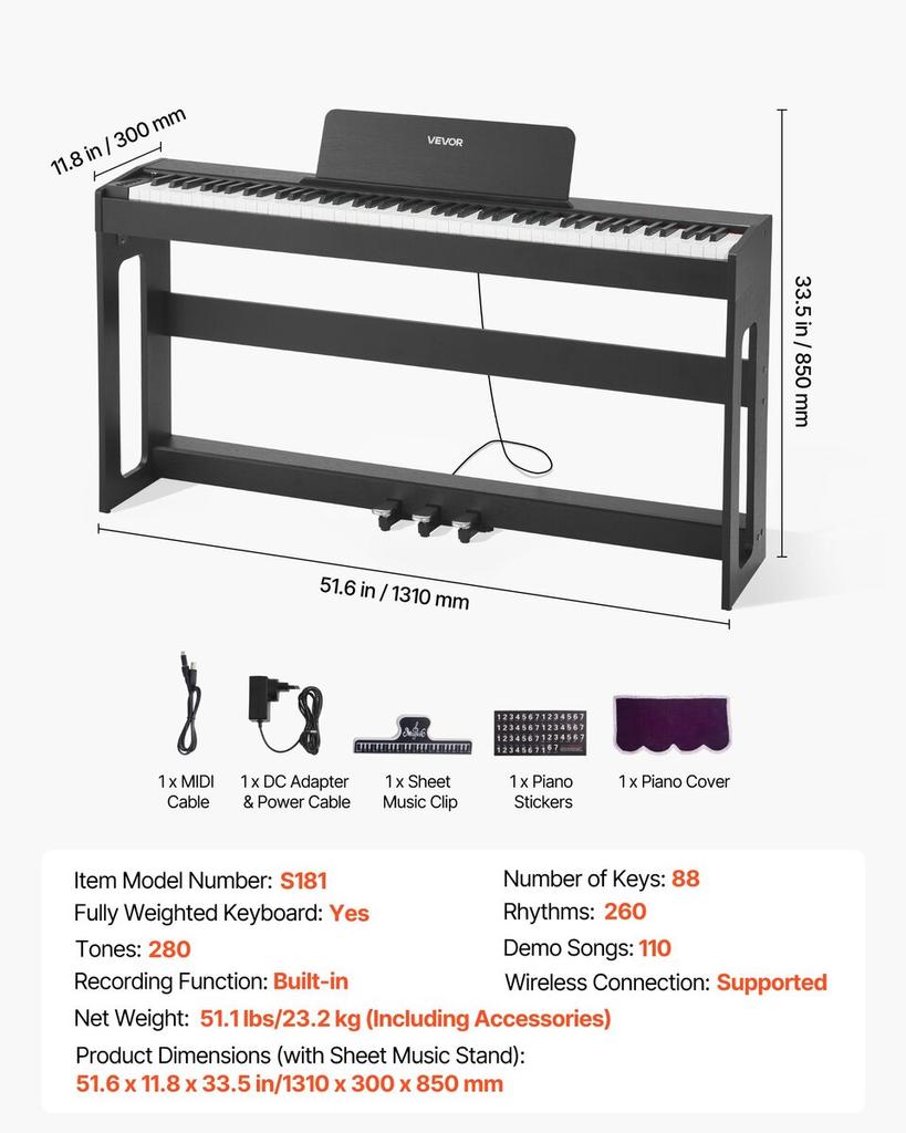 Weighted Digital Piano, 88 Keys Fully Weighted, Electric Piano Keyboard with Furniture Stand, Power Adapter, Triple Pedal, Record Function, 280 Tones,