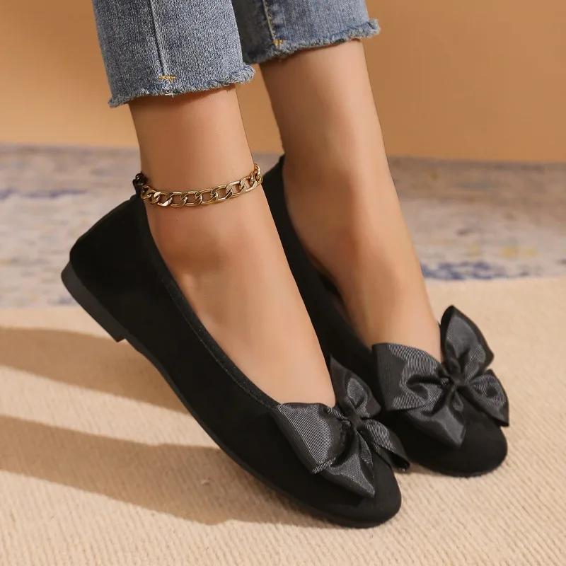 Spring New Flat Shoes Women Fashion Round Head Shallow Mouth Butterfly Suede Soft Sole Non-slip Wear-resistant Single Shoes