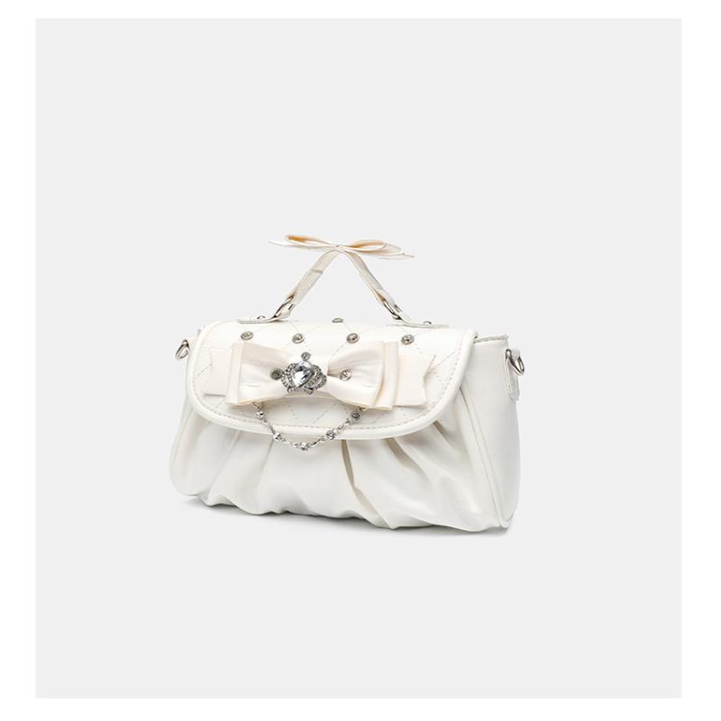 Elegant Pink Bow Rhinestone Underarm Bag Sweet Lolita Pleated Shoulder Bag Portable Bow Handle Handbag Cute Ita Purse