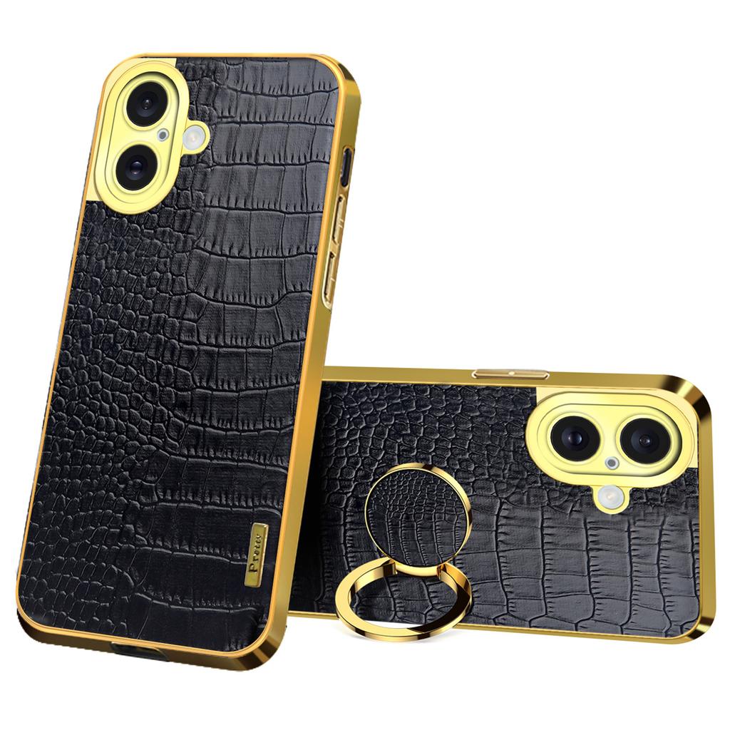 For iPhone 16 Plus Case Crocodile Texture Ring Kickstand TPU+Leather Electroplating Phone Cover