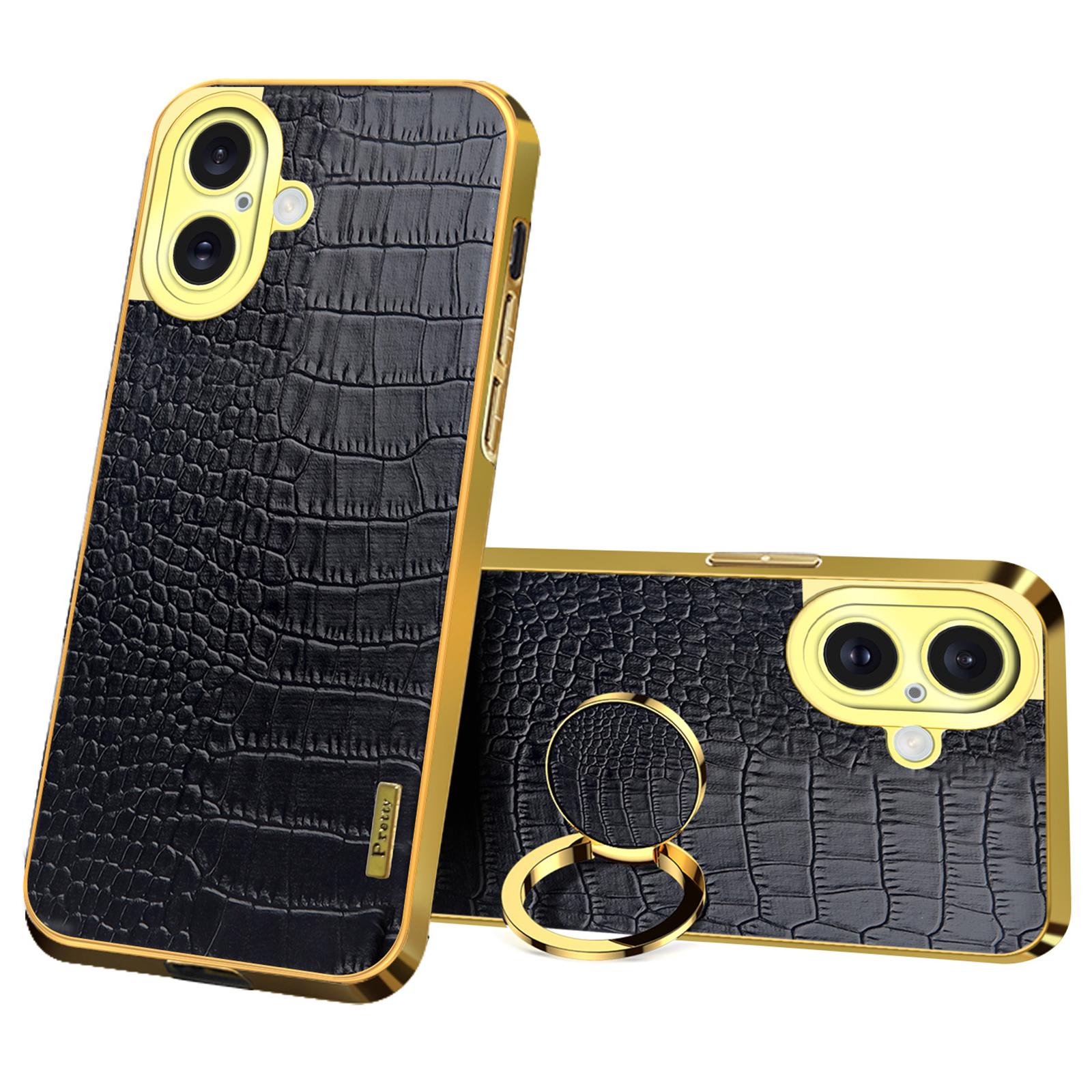 For iPhone 16 Plus Case Crocodile Texture Ring Kickstand TPU+Leather Electroplating Phone Cover A