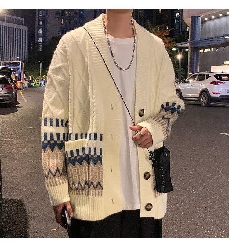 

Мужской кардиган свитер с V-образным вырезом в японском ретро стиле с ромбовидным узором - Модный, Свободный, Крутой, Повседневный M грязно-белый