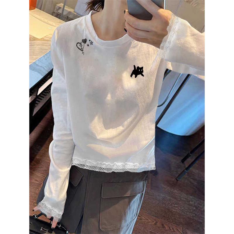 Women's Retro Cartoon Pony Lace Trim Long Sleeve Top