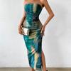 Sexy Strapless Floral Print Sheer Midi Dress Side Slit Bodycon Party Dress Summer Dress for Women Evening Party Outfit