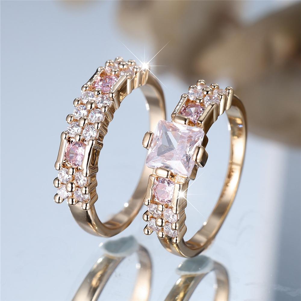 Crystal Female White Pink Zircon Stone Ring Set Gold Color Bridal Wedding Promise Love Engagement Jewelry For Women
