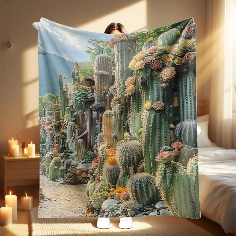 1Pc Cactus Desert Landscape Print Blanket - All-Season Lightweight Indoor/Outdoor Bedspread With Cacti & Succulents Design, Gree