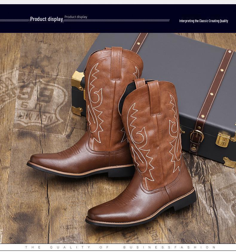 Men's Size 48 Leather High-Top Boots - Retro Cowboy Style for Spring, Autumn, and Winter