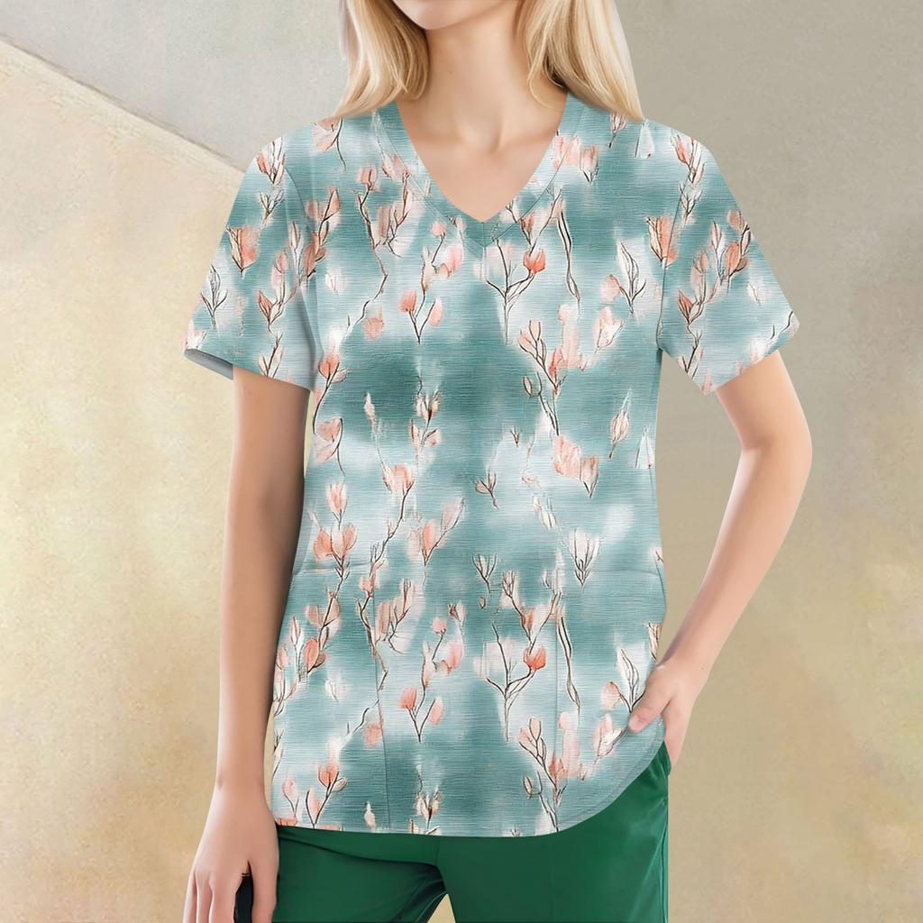 Women's V-neck Fashion Casual Printed Tops And Protective Workwear