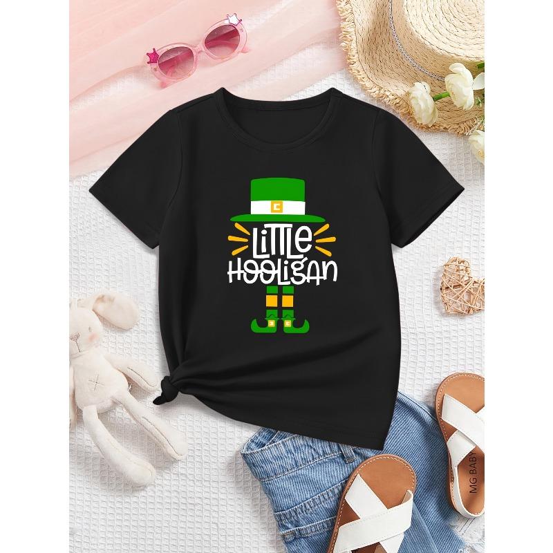 

European sizes Green Hat Festival Summer Girls Fashion Short Sleeve T-Shirt with Little Hooligan Letter Print Top 98cm чёрный