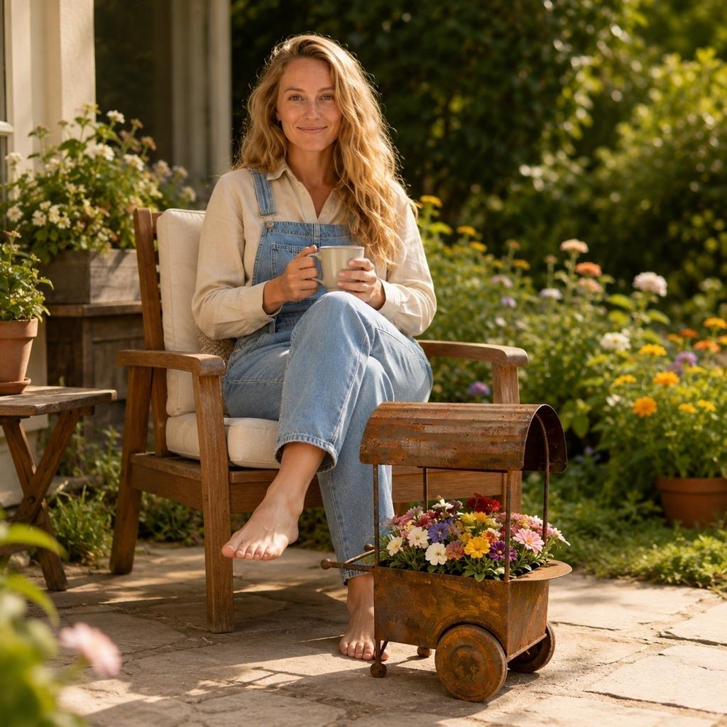 Rustikaler Metall-Gartenwagen Pflanzgefäß Outdoor Vintage Stil Eisen Blumenständer für Terrasse Hof Deck Dekoration mit Rädern und Griff