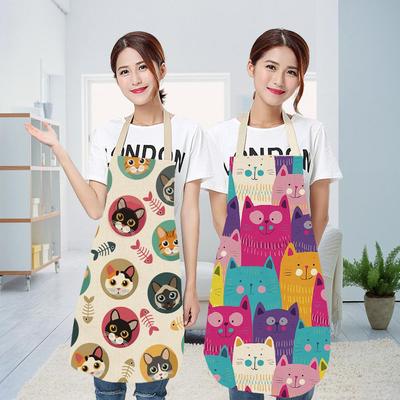 Cute Cat Women Character Waterproof Kitchen Cleaning Restaurant Bib Chef Cotton Linen Cooking Aprons