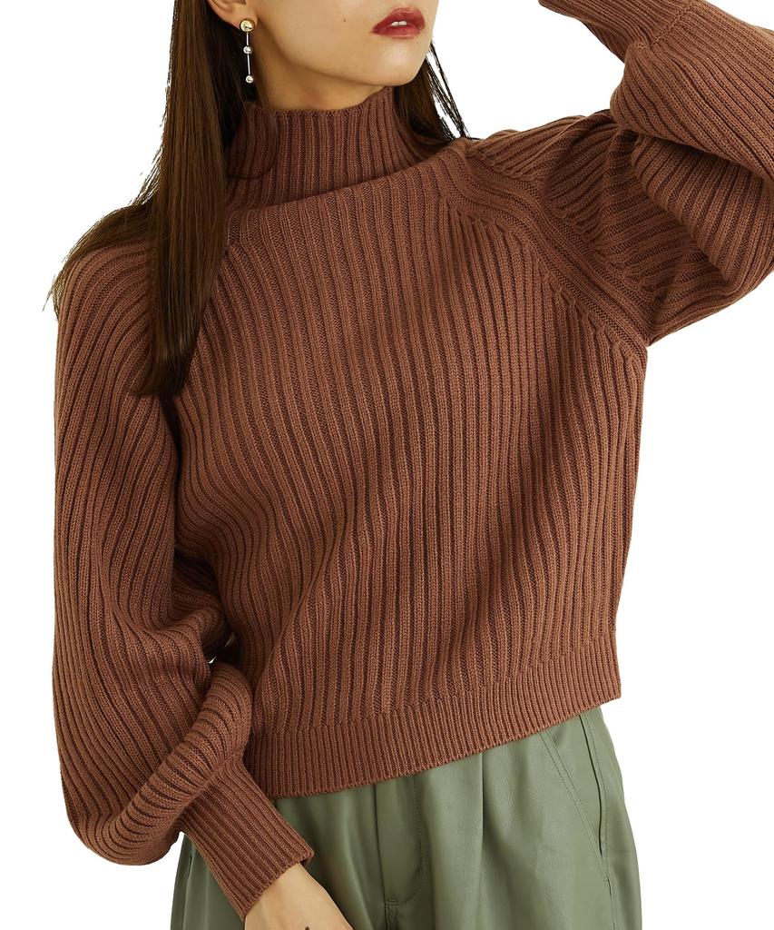 Mishmash High Neck Volume Sleeve Knit Brown Women's Sweater/MO33N04