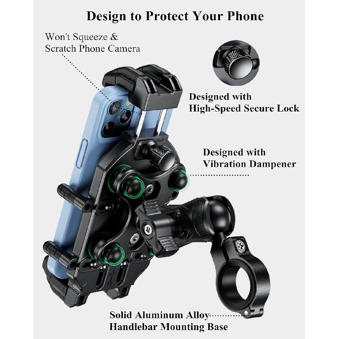 BRCOVAN Anti-Theft Motorcycle Phone Mount Holder With Vibration Dampener & High-Speed Secure Lock, Adjustable Size Handlebar Cellphone Cradle For