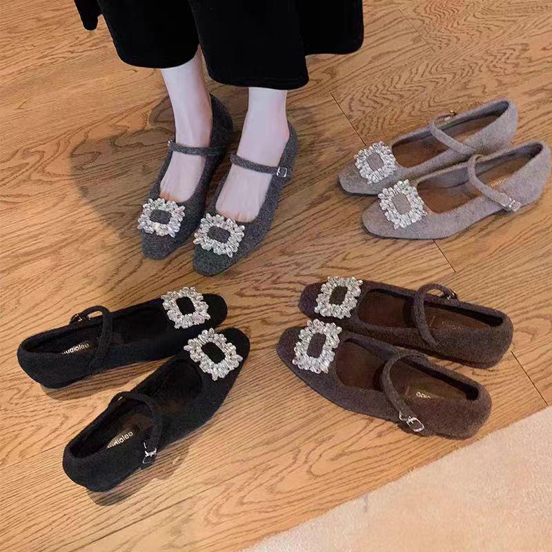 

Grape Mom French Furry Square-Toe Mary Jane Shoes with Diamond Buckle 35 чёрный