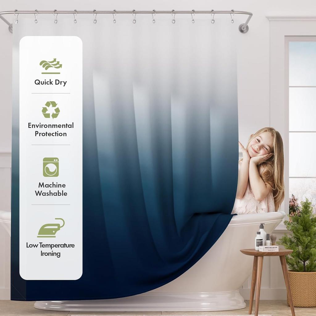 Blue Curtain Set With 12 Hooks, Washable Fabric Navy And White Curtain, Rustic Farmhouse Bathroom