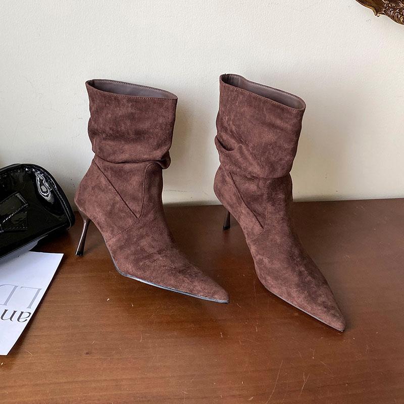 Fashion Elegant Women Ankle Boots With Thin Heels Shoes Pleated Fashion Pointed Toe Ladies Short Modern Boots Female Pumps Shoes lady
