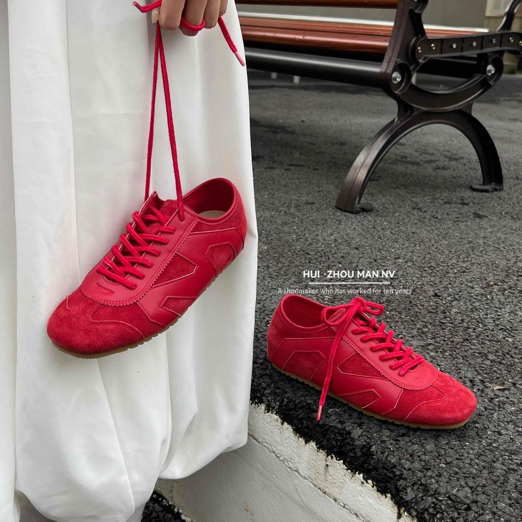 Retro leather red German training shoes women's 2025 new versatile color matching casual board shoes sports height increasing Forrest Gump shoes women
