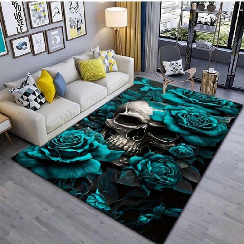 Dark Gothic Skull Rug,Metallic Skull with Teal Roses Non-Slip Floor Mat for Bedroom & Living Room, Edgy Exotic Home Decor Carpet