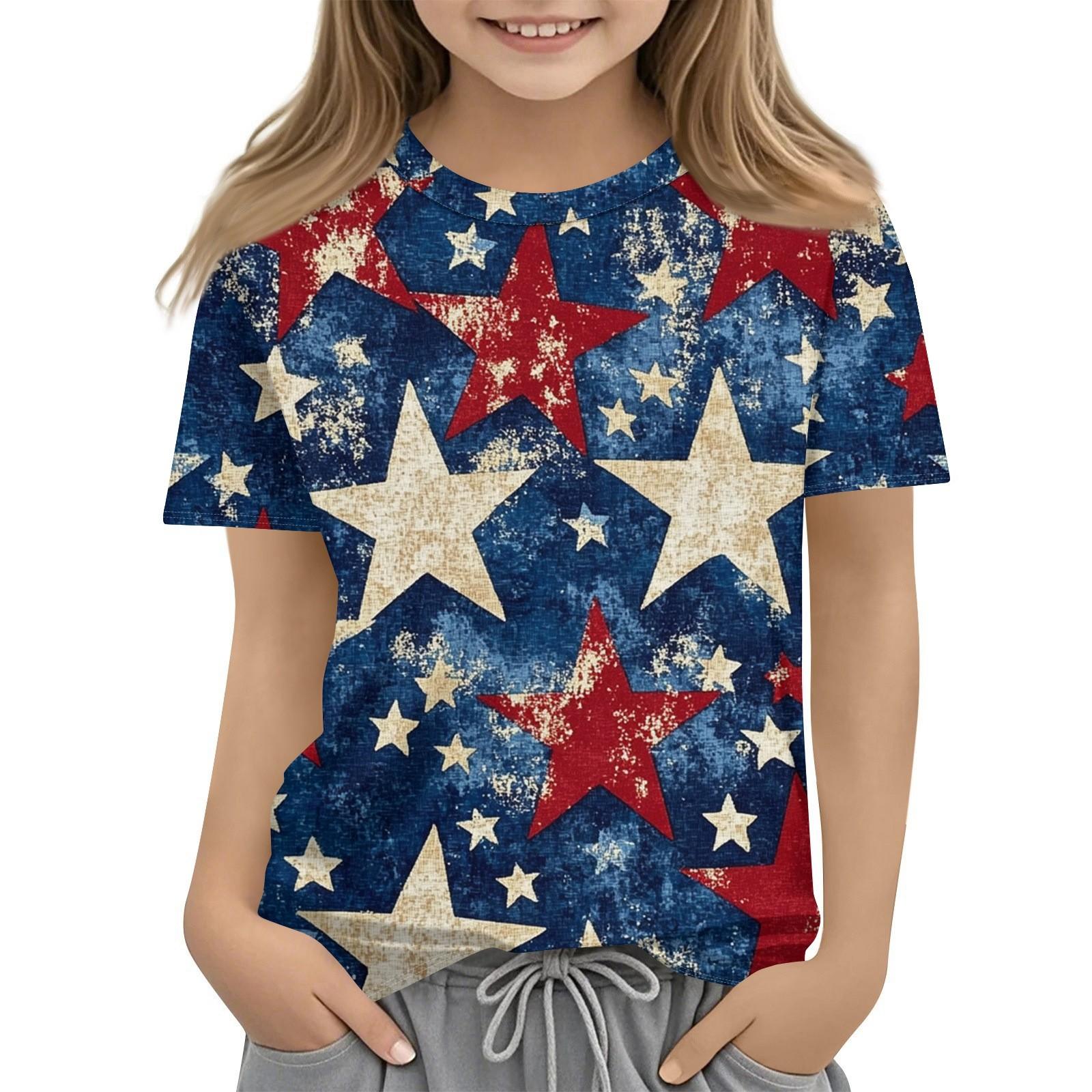 Kids Fashion Casual Short Sleeve Independence Day Print Round Neck T-shirt Top 120 тёмно-синий
