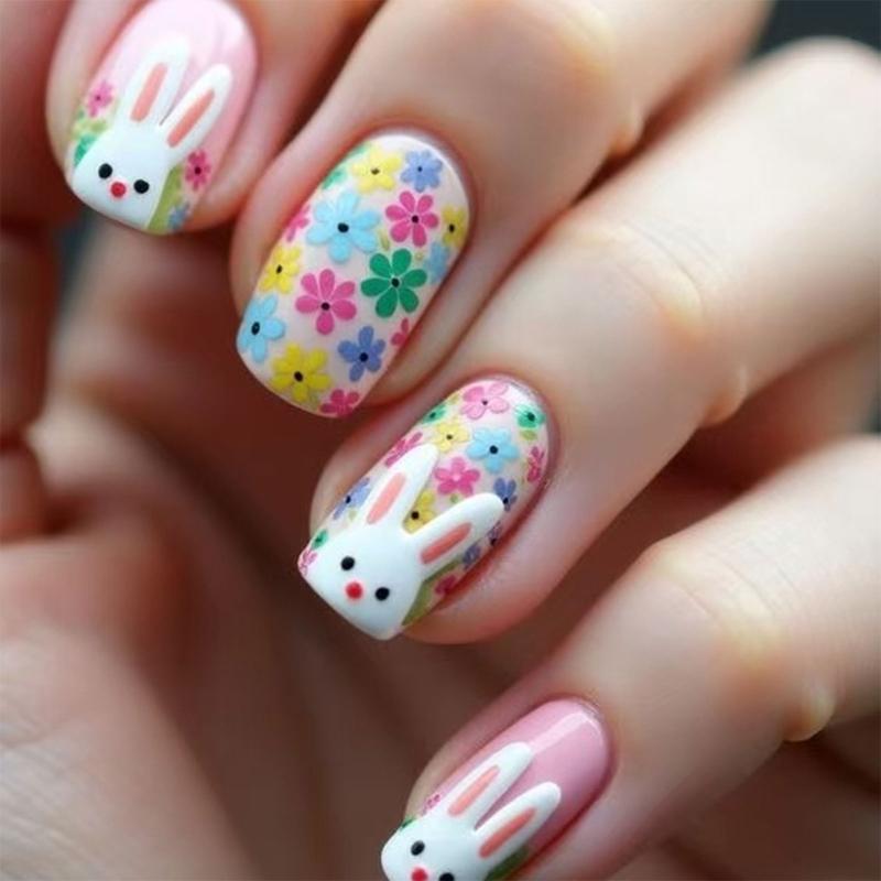 ABS Material Short Square Artificial Nail Featuring Rabbit Patterns And Floral Art For Festive Occasions
