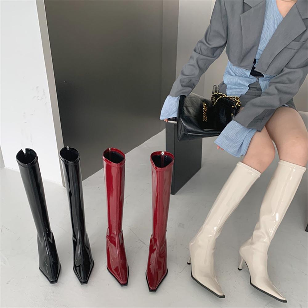 Fashion Patent Leather Women Knee High Boots Pointed Toe Knight Botas Thin High Heels Back Zipper Black Red Beige Soft Party Winter Bota