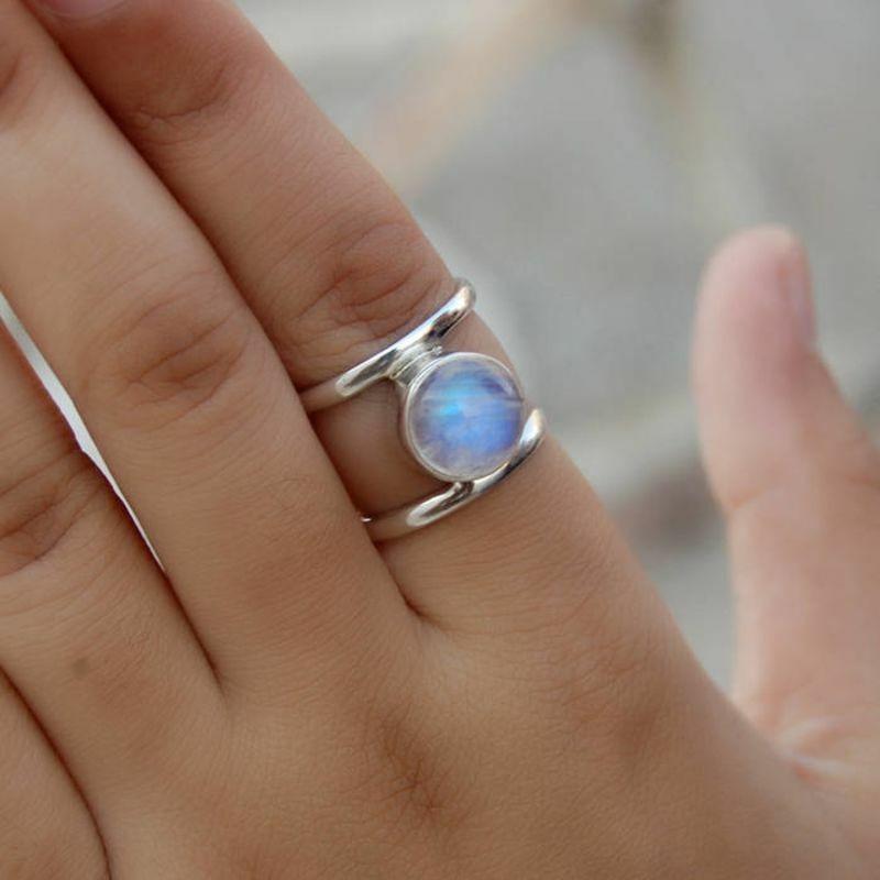 Round Rainbow Moonstone Gemstone 925 Sterling Silver Artisan Handmade Gift Ring