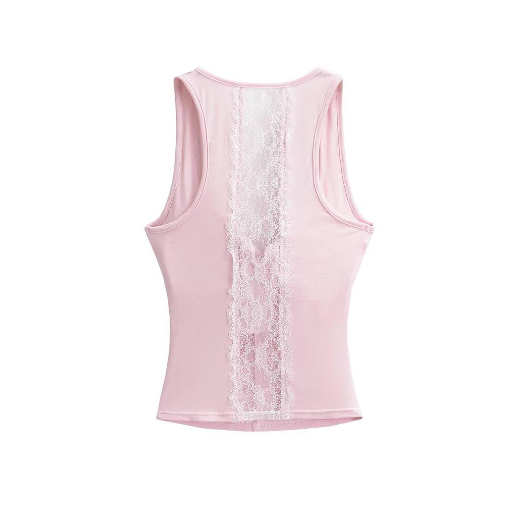 Twisted Back Lace Patchwork Blue Spaghetti Strap Tank Top for Women - Summer Sleeveless Top, Multicolor.
