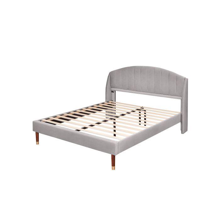 Lit tapissé - MUVOE - 160x200 cm - Velours gris - Montage facile - 2 places