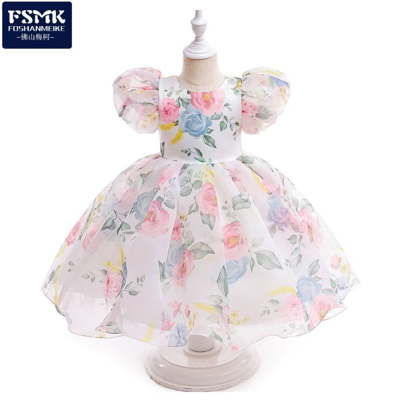 New summer girls' puff sleeve princess floral print mesh tulle tutu formal dress