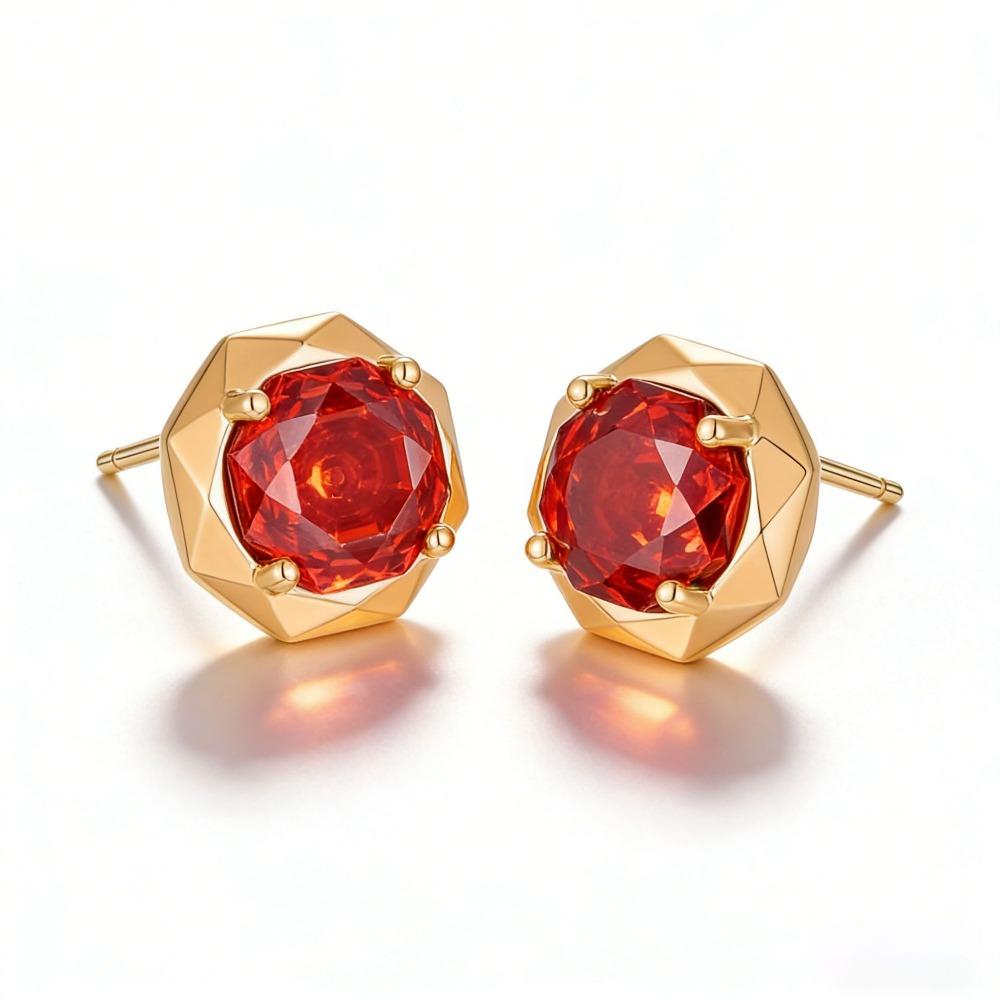 Elegant Octagonal Rose Cut Geometric Earrings with High Carbon Diamond Gold Tone Red Earrings for Women