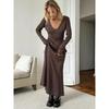 Women's New Solid Color Long Sleeve V-neck Slim Bodycon Knitted Maxi Dress Trendy Elegant Fashion Dresses