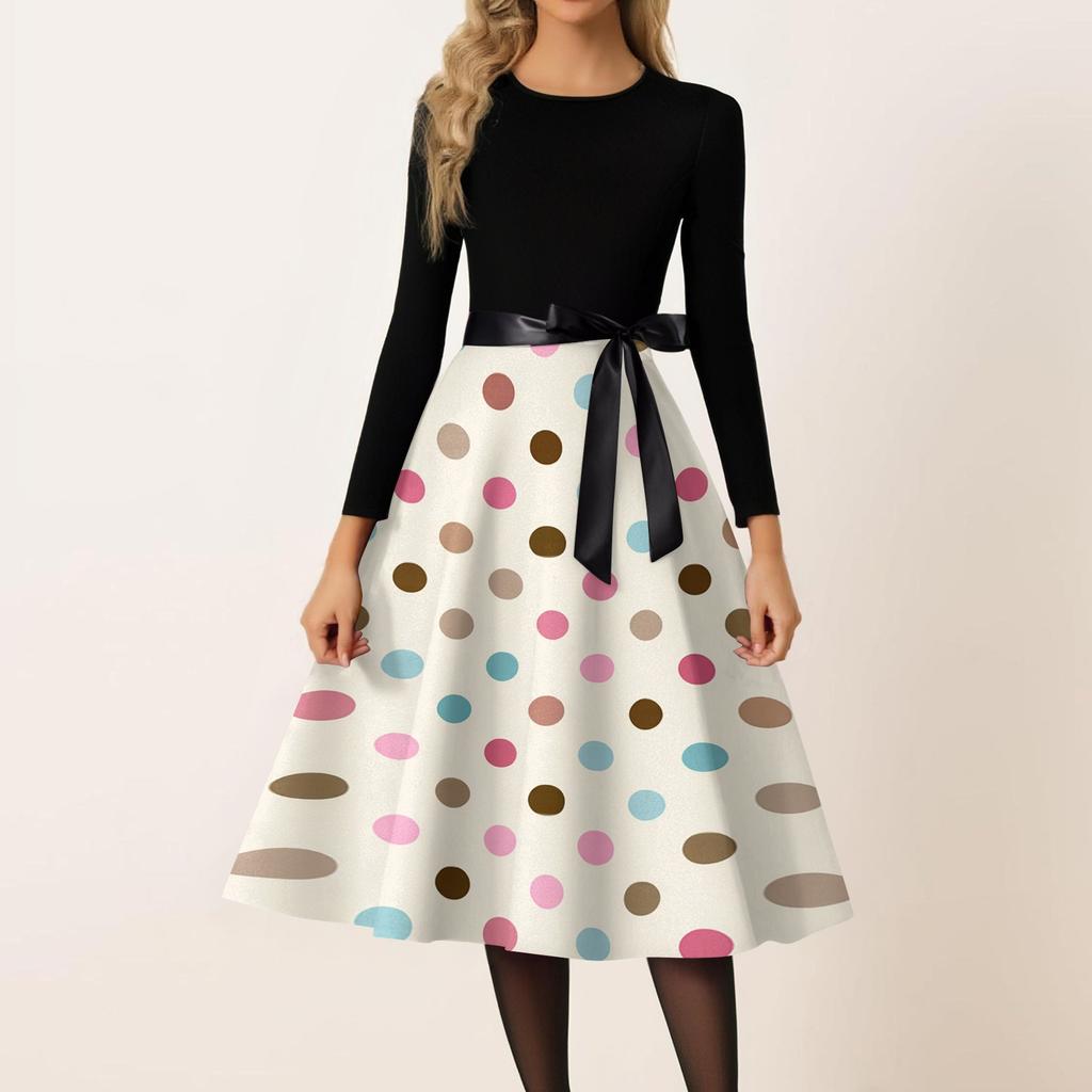 Women’s Casual Vintage Crew Neck Polka Dot Printed Long Sleeve A-Line Dress with Waist Ribbon for Everyday Wear