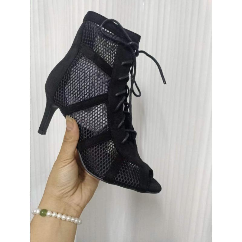 Aneikeh 7CM Middle Heel Ankle Strap Hollow Out Mesh Ankle Boots 2023 Fashion Summer Lace Up Cross-tied Peep Toe Surface Women Dress Shoes Size 35-43